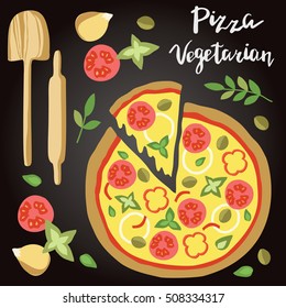 Vector illustration of Margarita Pizza with ingredients and hand lettering isolated on the chalk board. Concept for restaurants menu, pizzeria, food sites and cooking magazines.