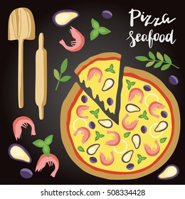 Vector illustration of Margarita Pizza with ingredients and hand lettering isolated on the chalk board. Concept for restaurants menu, pizzeria, food sites and cooking magazines.