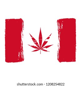 Vector illustration of marijuana leaf, cannabis. Grunge flag of Canada