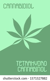 Vector illustration. Marijuana leaf. Lettering cannabidiol and tetrahydrocannabinol. Isolated on white. Green print. Cannabis Poster.