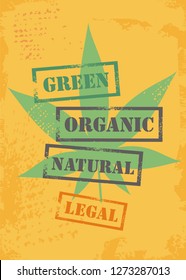 Vector illustration of marijuana leaf on yellow grunge background. T shirt template with cannabis plant.