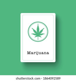 Vector illustration of marijuana leaves in a circular emblem on a white card. 