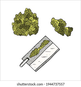 Ilustración vectorial de la marihuana en papel rodante y brotes de cannabis aislados en fondo blanco.
