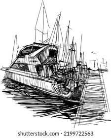 the vector illustration of the Marin harbor and sea boats