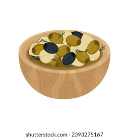 Vector illustration of  marinating mozzarella cheese balls with olive on a wooden bowl