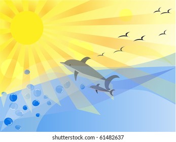 vector illustration marine background dolphins in sea