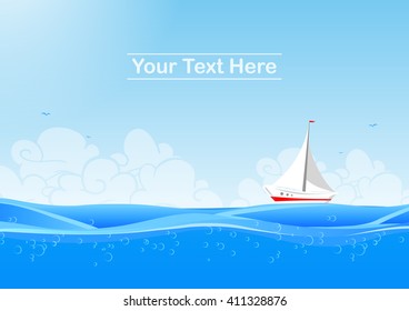 Vector illustration: Marine background with yacht and clouds