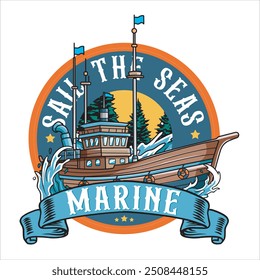 Vector Illustration of Marine Boat in Nature View with Vintage Illustration Available for Logo Badge