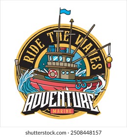 Vector Illustration of Marine Boat in Nature View with Vintage Illustration Available for Logo Badge