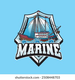 Ilustración vectorial del barco marino con la ilustración de Antiguas disponible para la insignia del logotipo