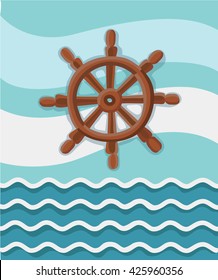 Vector illustration of marine card with steering wooden sheep wheel wheel on sky and waves background