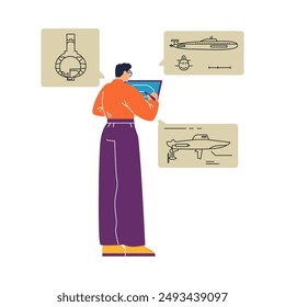 Vector illustration with a marine engineer working on diagrams of a ship, a submarine isolated on a white background.Ideal for design for engineering