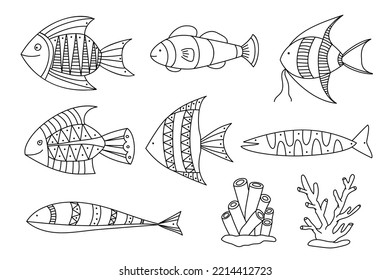 Vector illustration of marine fish and corals. Sea set of fishes in line sketch style.