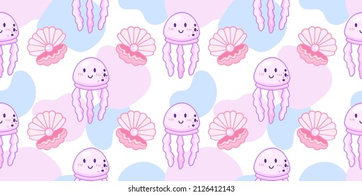 Vector illustration with marine flora and fauna. Seamless pattern with jellyfish and pearl shell