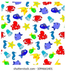 Vector illustration, marine life pattern; crab, seahorse, starfish, fish, octopus , jellyfish