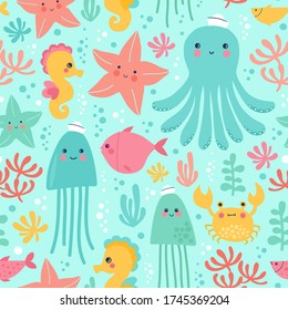 Vector illustration with marine life. Seamless pattern with octopus, fish, sea star, seahorse, jellyfish and water plants.