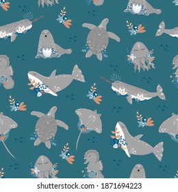 Ilustración vectorial de la vida marina. Patrón sin mar con caballito de mar, Stingray, Delfín, medusas sobre un fondo azul. Impresión en tela