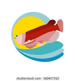 a vector illustration of a marine logo with a big swimming fish, seaside and a sun in the background 