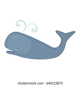 Vector illustration of marine mammal whale with fountain blow.  Cute, happy whale icon isolated on white background