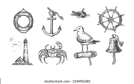 Vector illustration of marine nautical set. Anchor, crab, bell, lighthouse, steering wheel, gull, sea knot, lifebuoy. Vintage hand drawn style.