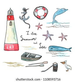 Vector illustration. Marine objects set. Pen drawing with watercolor style background.