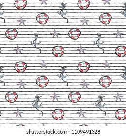 Vector illustration. Marine objects set on striped background. Print design. Element of seamless pattern.