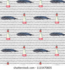 Vector illustration. Marine objects set on striped background. Print design. Element of seamless pattern.