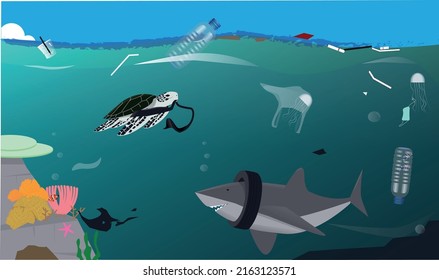 Vector illustration of marine pollution for world ocean day. Shark with tire, turtle, jelly fishes, plastic 