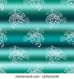  Vector illustration of marine seamless pattern. White sketch lion fish of gradient green sea wave background