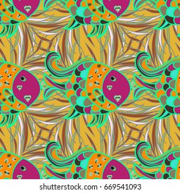Vector illustration. Vector marine seamless pattern with cartoon colorful fishes. Sea life summer background. Ocean fish on colored background.