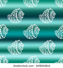 Vector illustration of marine seamless pattern.White hand drawing sea shells on abstract sea wave background