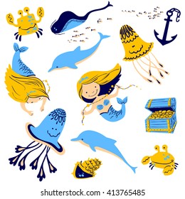 Vector illustration marine set with cartoon mermaid and underwater inhabitants