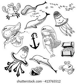 Vector illustration marine set with doodle mermaid and underwater inhabitants