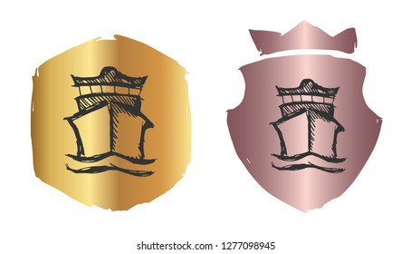Vector Illustration of Marine Ship with Rose Gold and Gold Banner or Background. Graphic Design for Logo and T-shirt. 