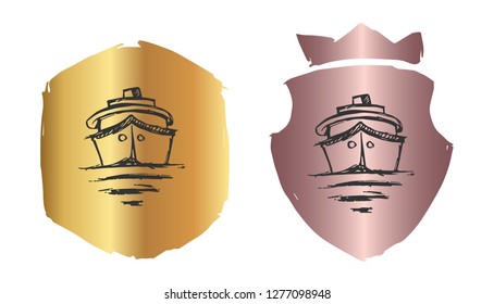 Vector Illustration of Marine Ship with Rose Gold and Gold Banner or Background. Graphic Design for Logo and T-shirt. 