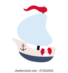 Vector illustration in marine style - funny sailing ship. Element design for sailing