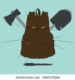 vector illustration in marine style and retro stylistics. A tourist backpack with an ax, a shovel and a knife.