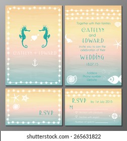 Vector illustration of marine style wedding invitation and rsvp cards 
