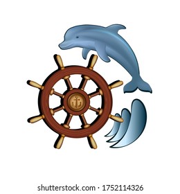 Vector illustration of marine theme Dolphin, steering wheel and water icon