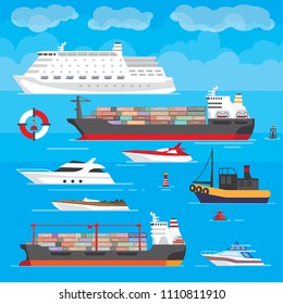 Vector illustration of a marine theme with images of different types of ships. Tourist liner, pleasure boats, yachts and cargo tankers. Bright colors in the style of flat design.