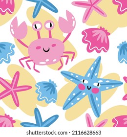 Vector illustration with a marine theme on a white background, cheerful crab, starfish and shells on a summer beach. Seamless pattern for printing on wallpaper, textiles, gift and wrapping paper