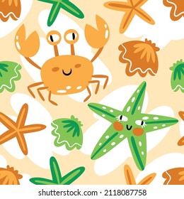 Vector illustration with a marine theme on a white background, cheerful crab, starfish and shells on a summer beach. Seamless pattern for printing on wallpaper, textiles, gift and wrapping paper