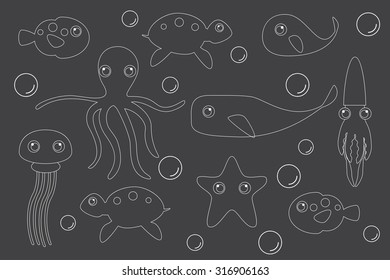 Vector Illustration of Marine Underwater Animals.  Cartoon Characters.