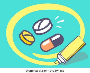 Vector illustration of marker drawing circle around pills and vitamins on blue background. Line art design for web, site, advertising, banner, poster, board and print.