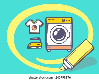 Vector illustration of marker drawing circle around washing machine on green background. Line art design for web, site, advertising, banner, poster, board and print.