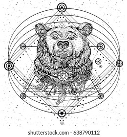 Vector illustration Marker hand-drawn bear. Boho hipster tattoo style. Line art t-shirt print.Mystical alchemical mysterious symbols of the universe. Abstract Mystic Geometry