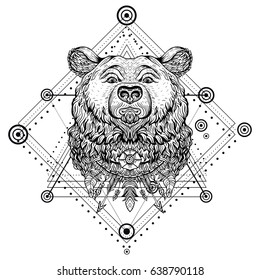 Vector illustration Marker hand-drawn bear. Boho hipster tattoo style. Line art t-shirt print.Mystical alchemical mysterious symbols of the universe. Abstract Mystic Geometry