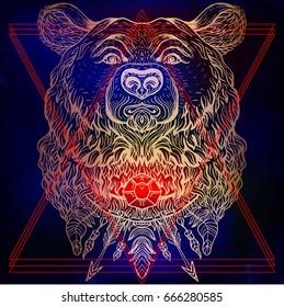 Vector illustration Marker hand-drawn bear. Watercolor texture. Boho hipster tattoo style. Line art t-shirt print or embellishment fancywork fashion design