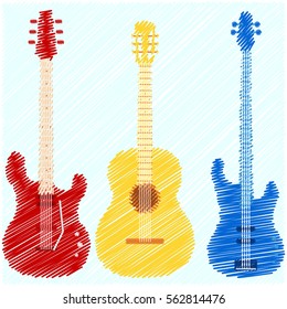 Vector illustration of marker scribble drawn guitars set