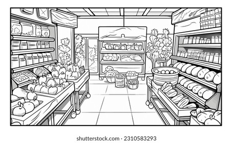Ilustración vectorial, Ilustración del mercado en el marco, POV